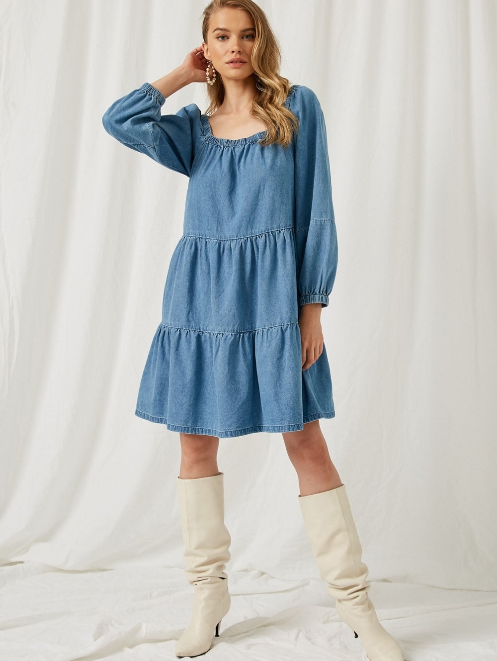 Hayden Denim Tiered Midi Dress with Long Sleeves. NWT Size Small
